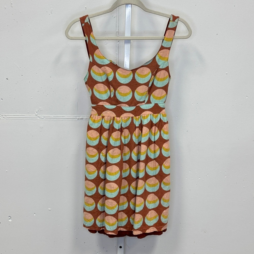 Judith March Brown Geometric Crescent Print Linen Blend Cutout Tie Back Dress S